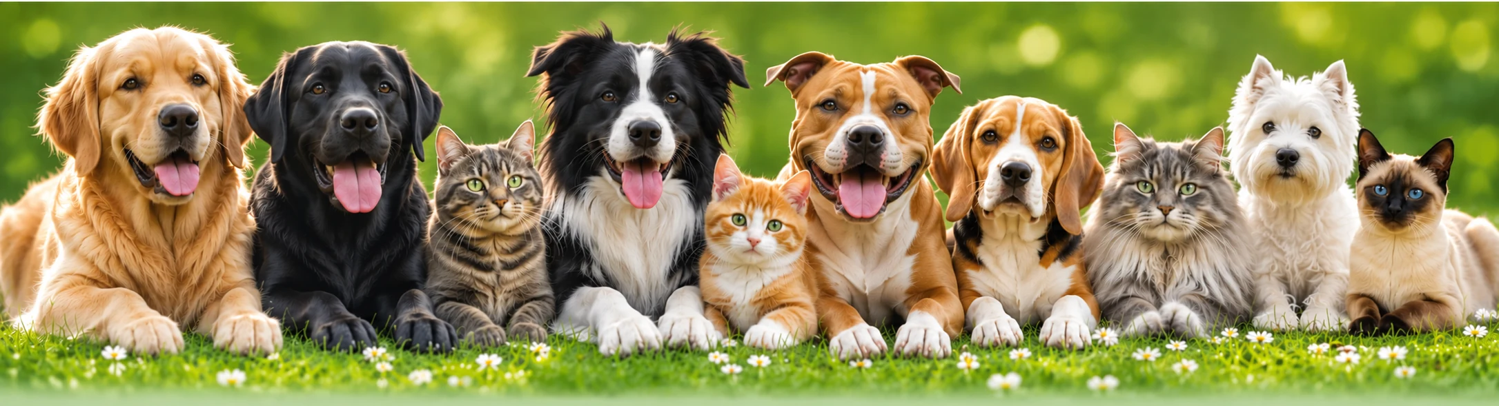 Verschiedene Hunde und Katzen gemeinsam auf einer grünen Wiese, darunter ein schwarzer Labrador und ein brauner American Staffordshire Terrier